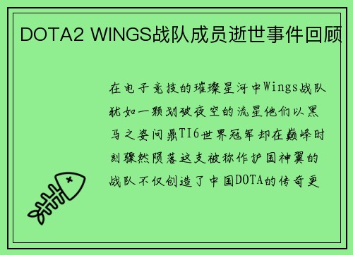 DOTA2 WINGS战队成员逝世事件回顾